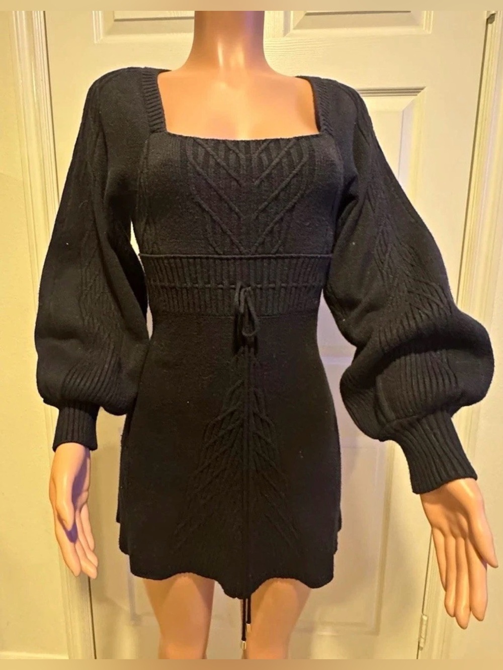 Free People Black Cable-Knit Square-Neck Mini Dress with Balloon Sleeves